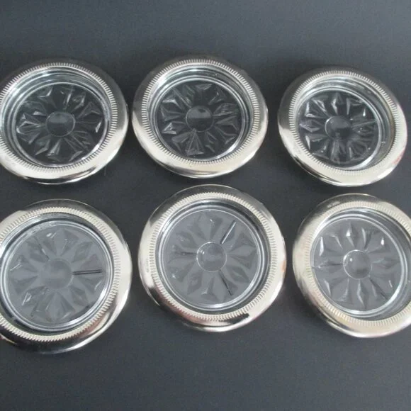 6 Glass Coasters Silver Plate Rims - Picture 3 of 6